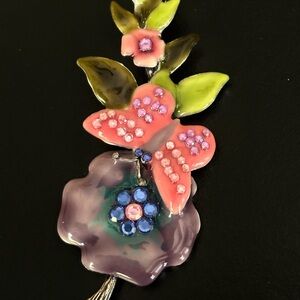 Colorful Enamel Butterfly and Flower Brooch